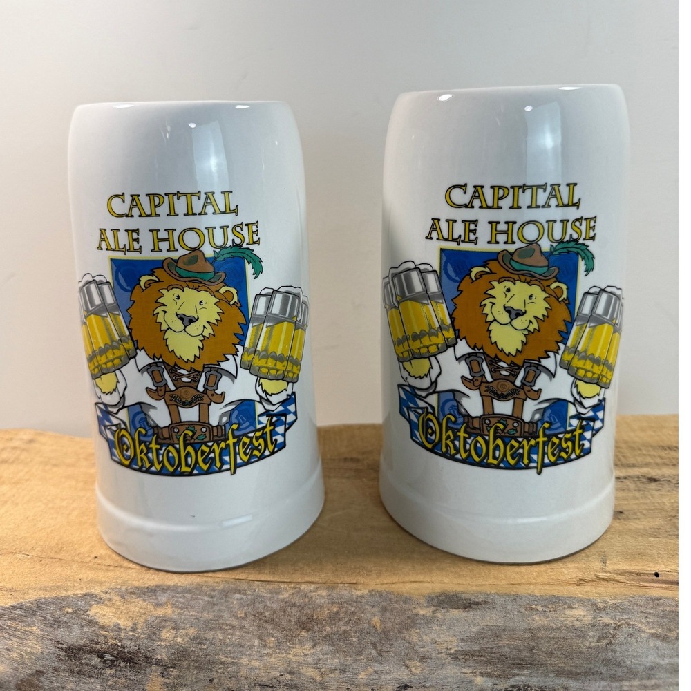 Capital Ale House Oktoberfest Beer‎ Stein Set of 2 Lion Mascot White Ceramic Mug